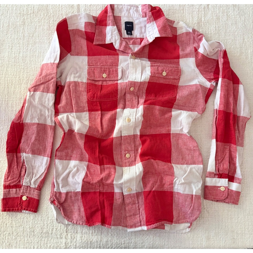 Gap Kids Boys XXL 14-16 Red White Buffalo Check Linen Cotton Button Down Shirt